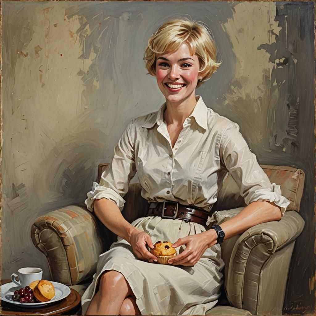 Blonde Woman with Muffin, Oil Painting Style