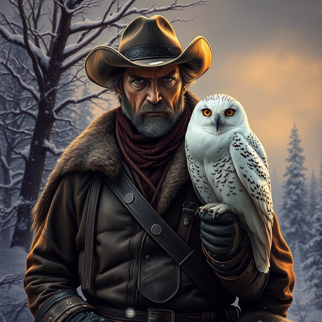 Cyberpunk Cowboy and Majestic Owl in Winter Wonderland