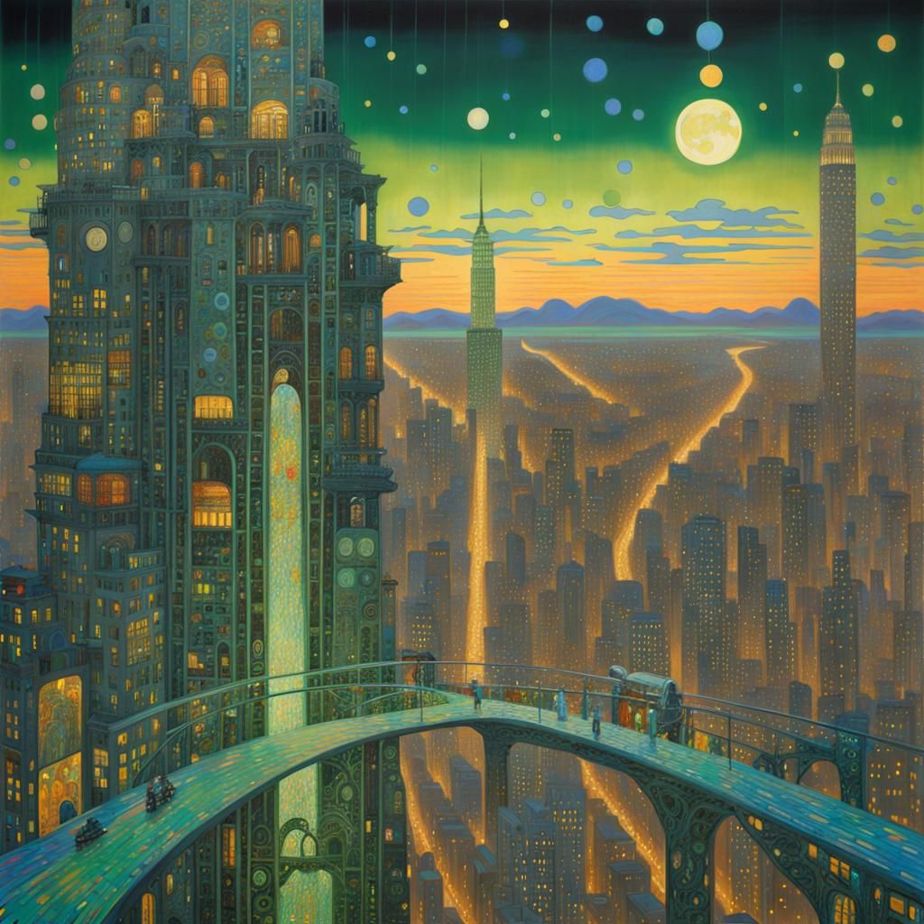 Metropolis in the Sky: A Gustav Klimt Inspired Painting