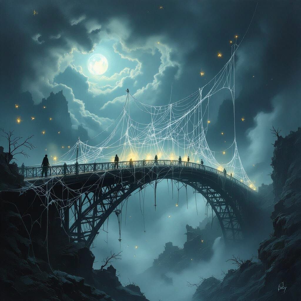 Ethereal Spiderweb Bridge Over Chaos in Dark Fantasy Style