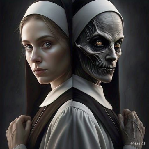 Ethereal Nun in Darkened Corridor