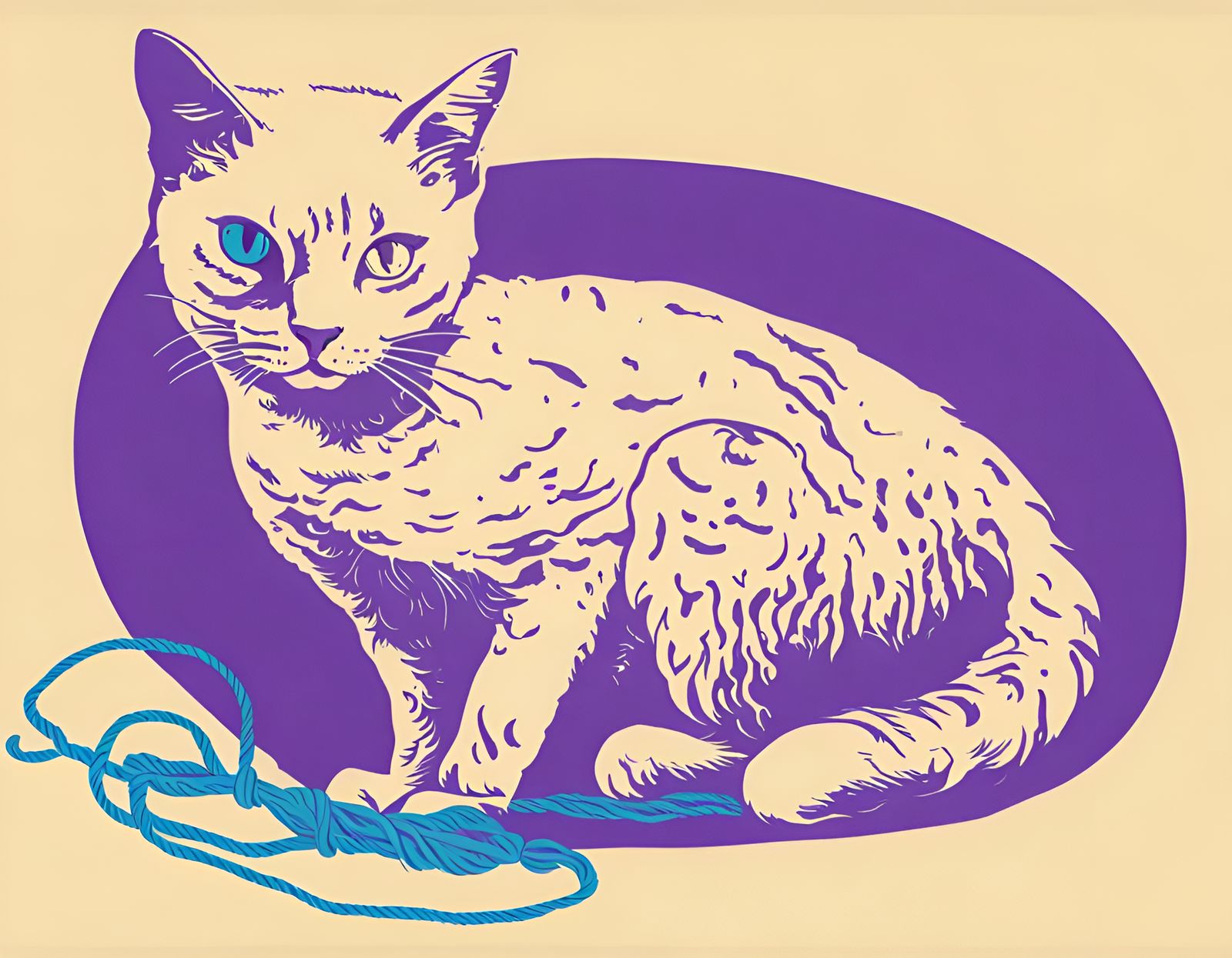 Cat with Yarn in Purple and Blue
