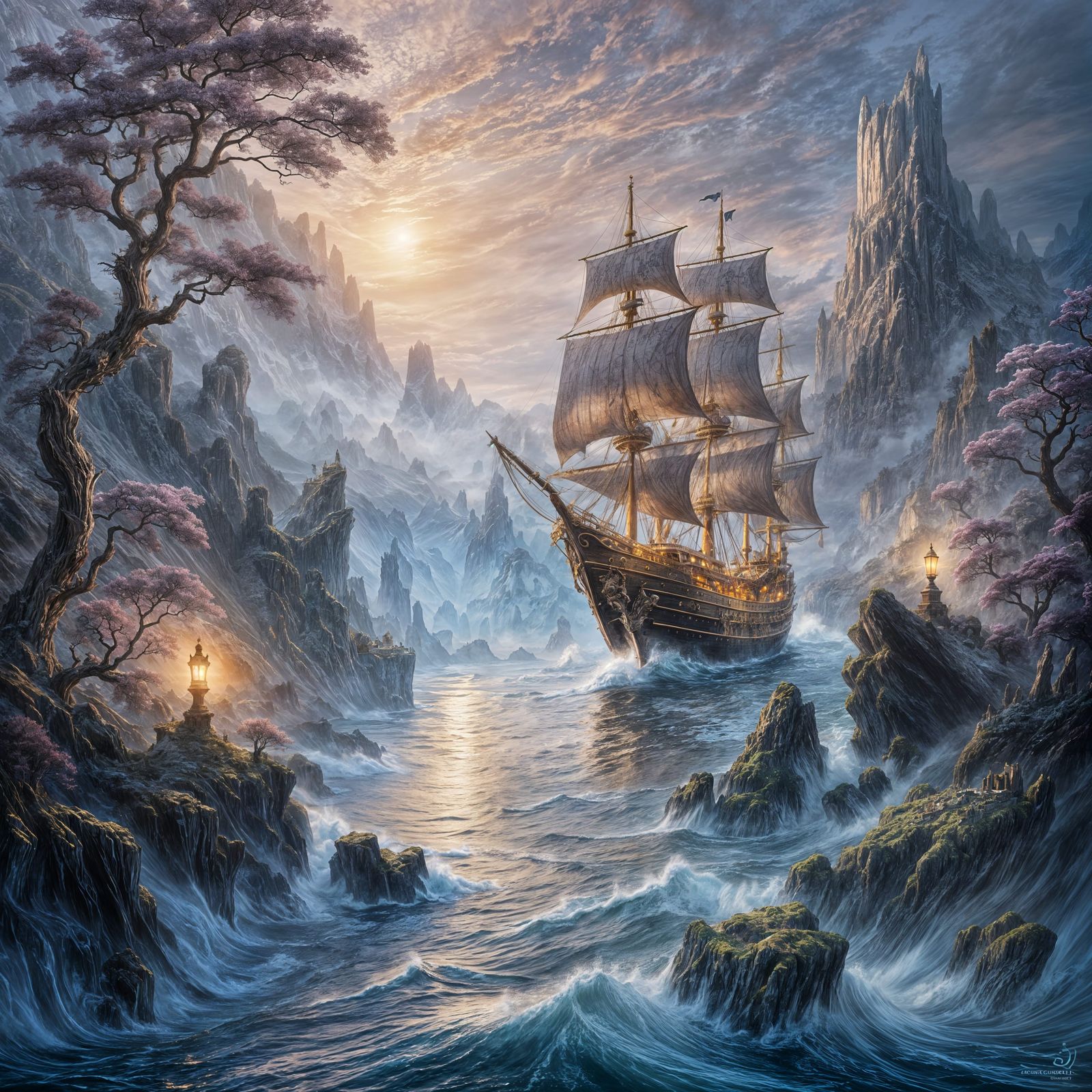 Epic Fantasy Seascape Painting at Dawn with Ancient Ship