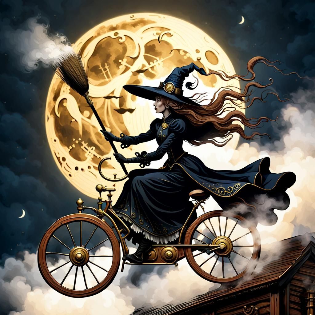 Steampunk Witch Rides Broom in Eerie Moonlight