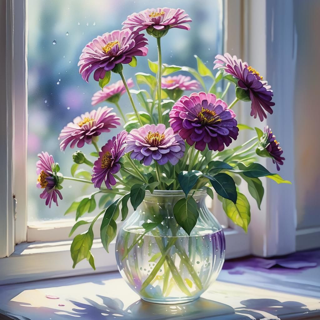 Purple Zinnia Flowers Watercolor Painting