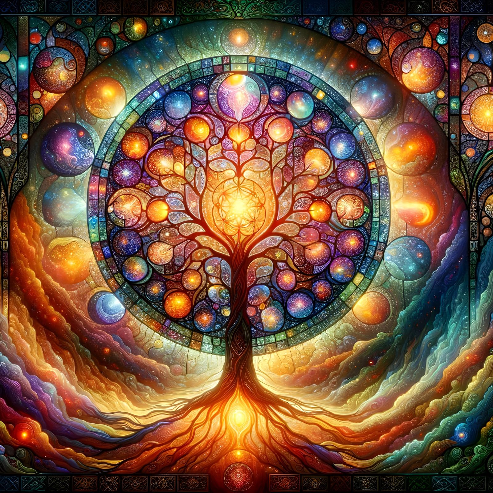 Celtic Tree of Life in Vibrant Stained Glass