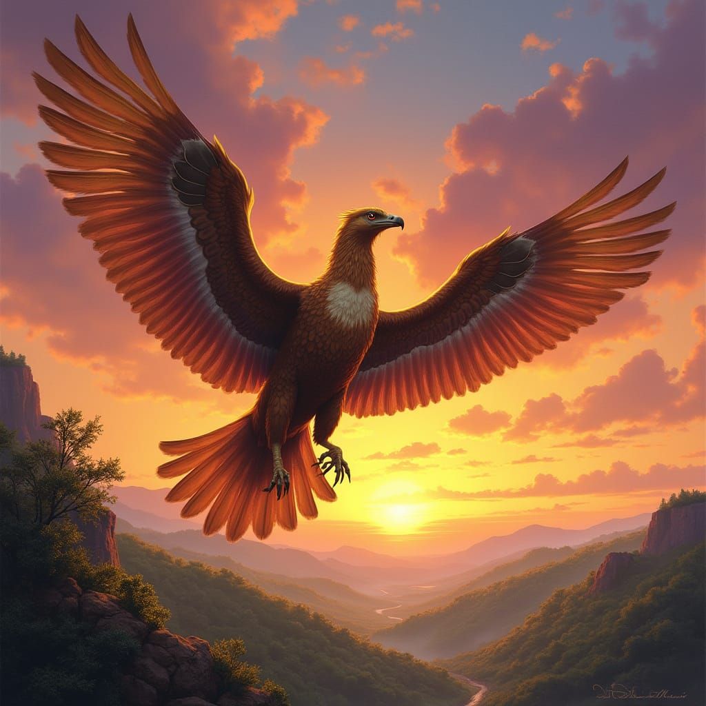 Majestic Griffin Soars Through Crimson Sunset Sky