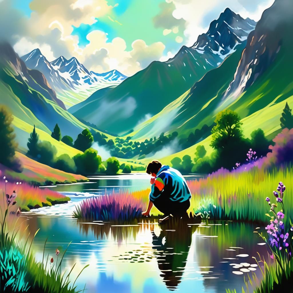 Impressionistic Landscape with Figure by River