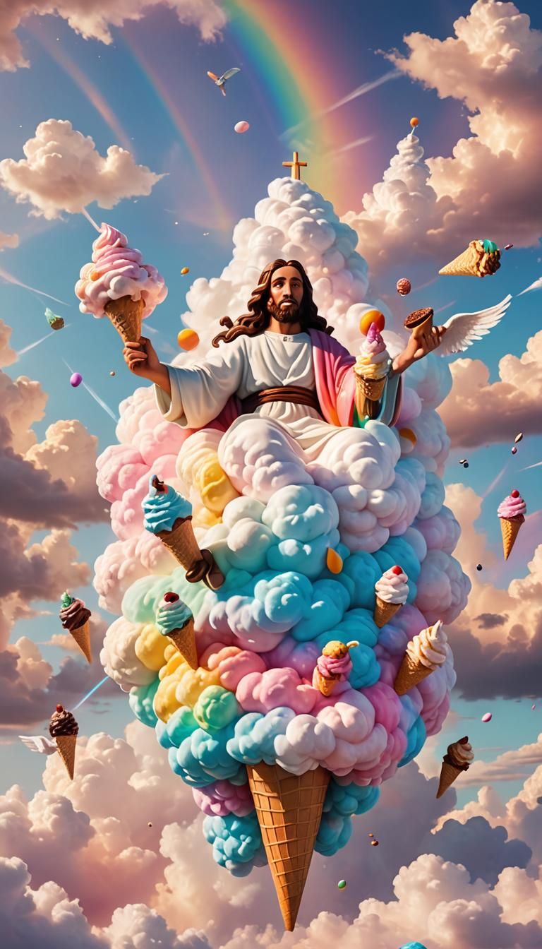 Jesus and Angels with Ice Cream in Cartoon Style