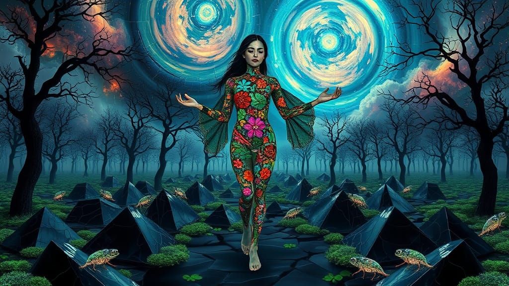 Mystical Woman of Interconnected Ecosystems in Bio-Art Colla...