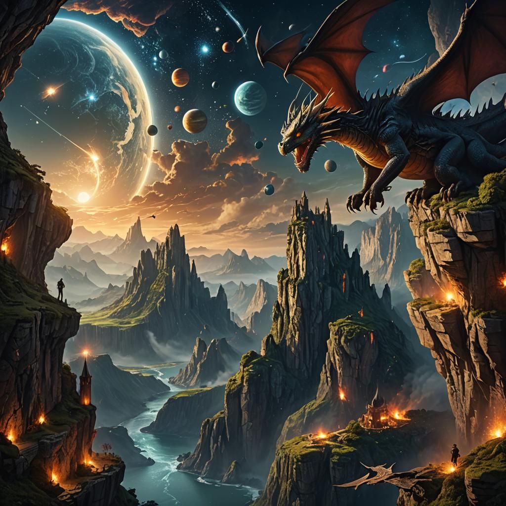 Epic Dragons in Starry Sky Digital Painting
