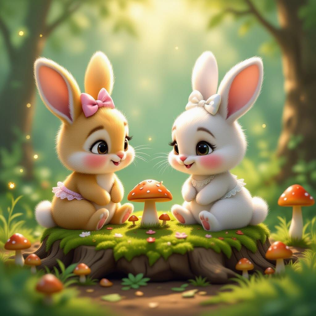Adorable Bunnies and Shimmering Mushrooms in Forest Clearing