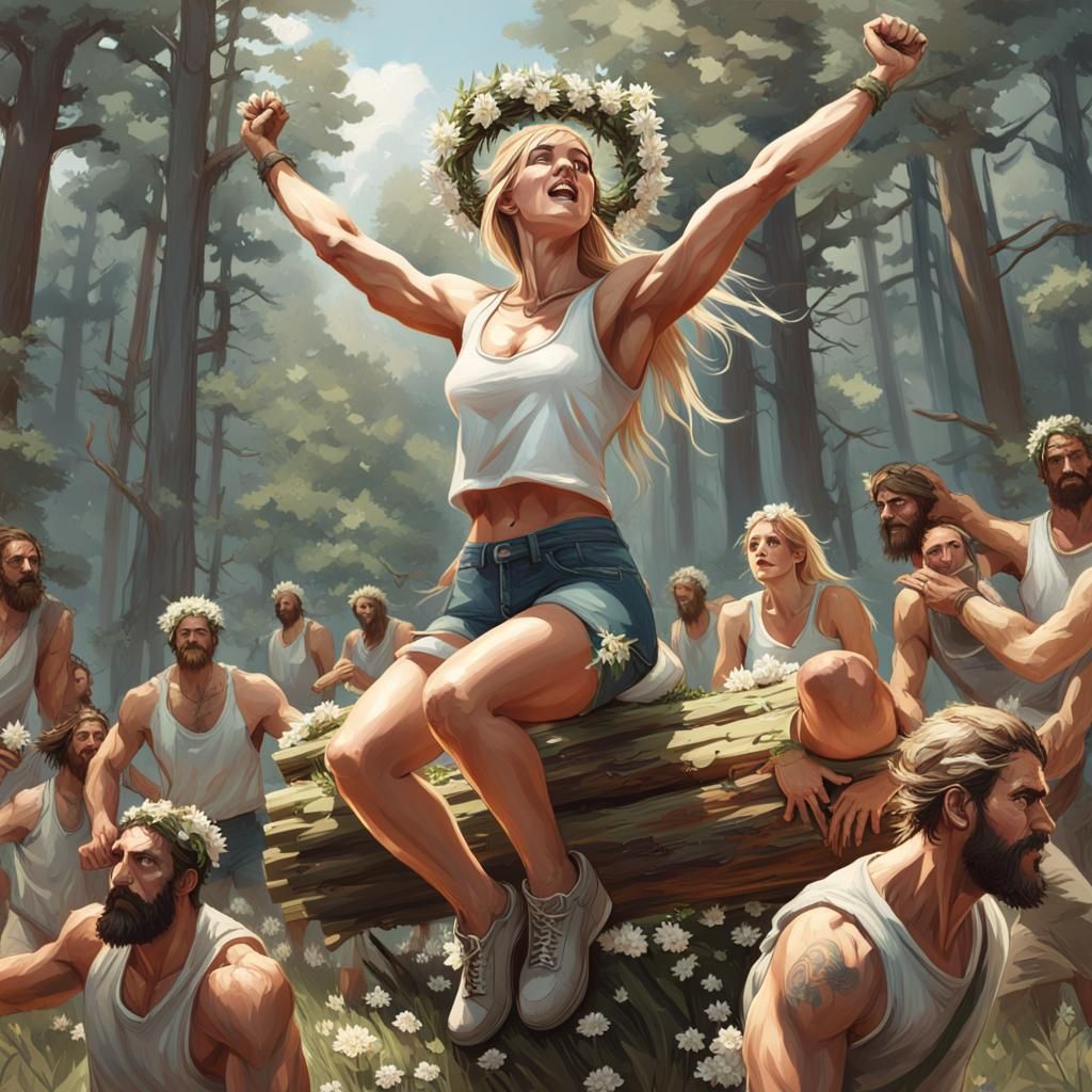 Strong Woman Lifts Log in Forest Clearing