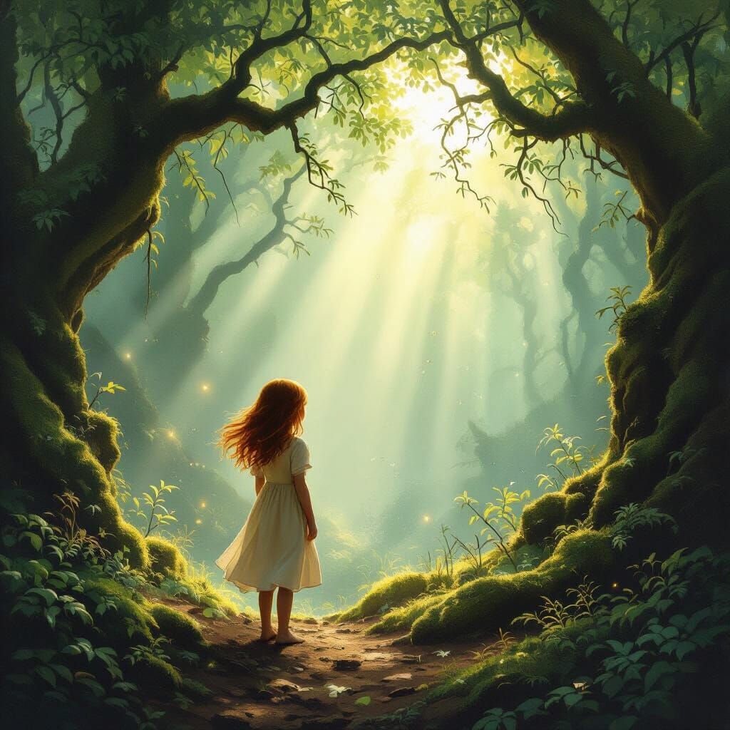 Girl in Sun-Dappled Ancient Forest