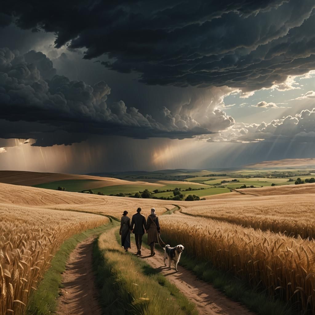 Couple Walks Dog on Path in Wheat Fields