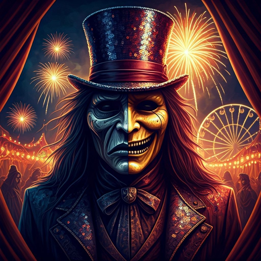 Creepy Masked Being at Haunted Carnival in Vibrant Painting