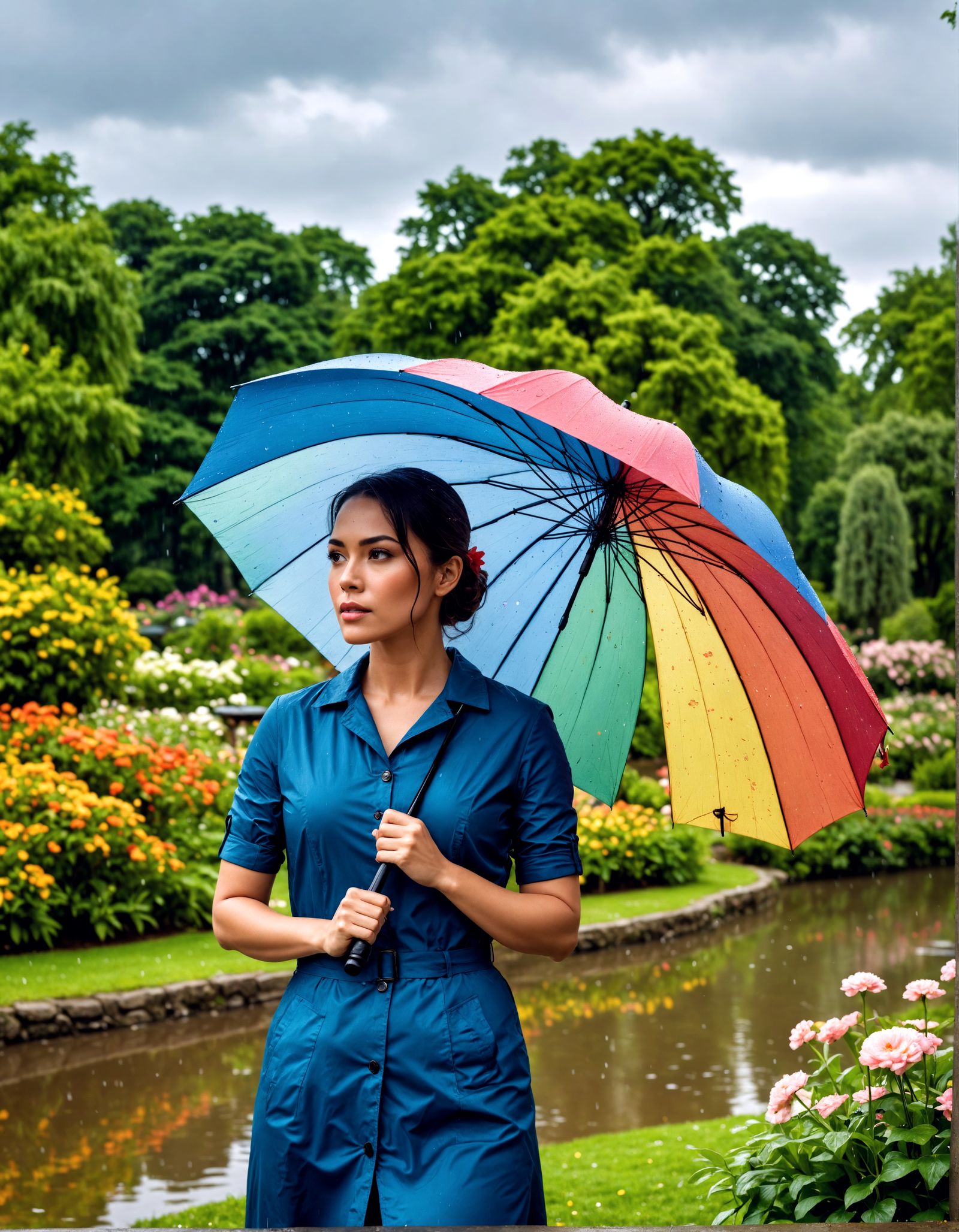 Woman with Umbrella in Rainy Garden: Hyperrealistic