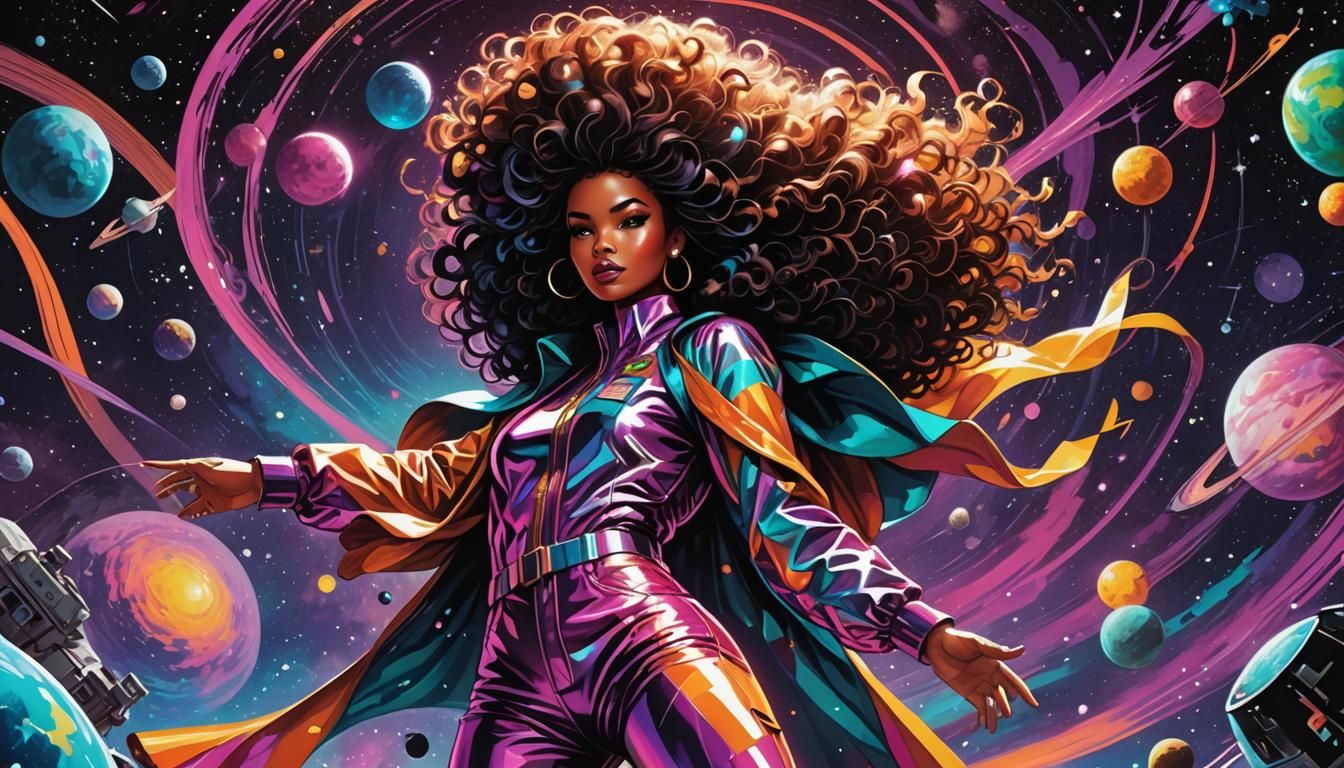 Cosmic Disco Girl Cleaning in Retro-Futuristic Style