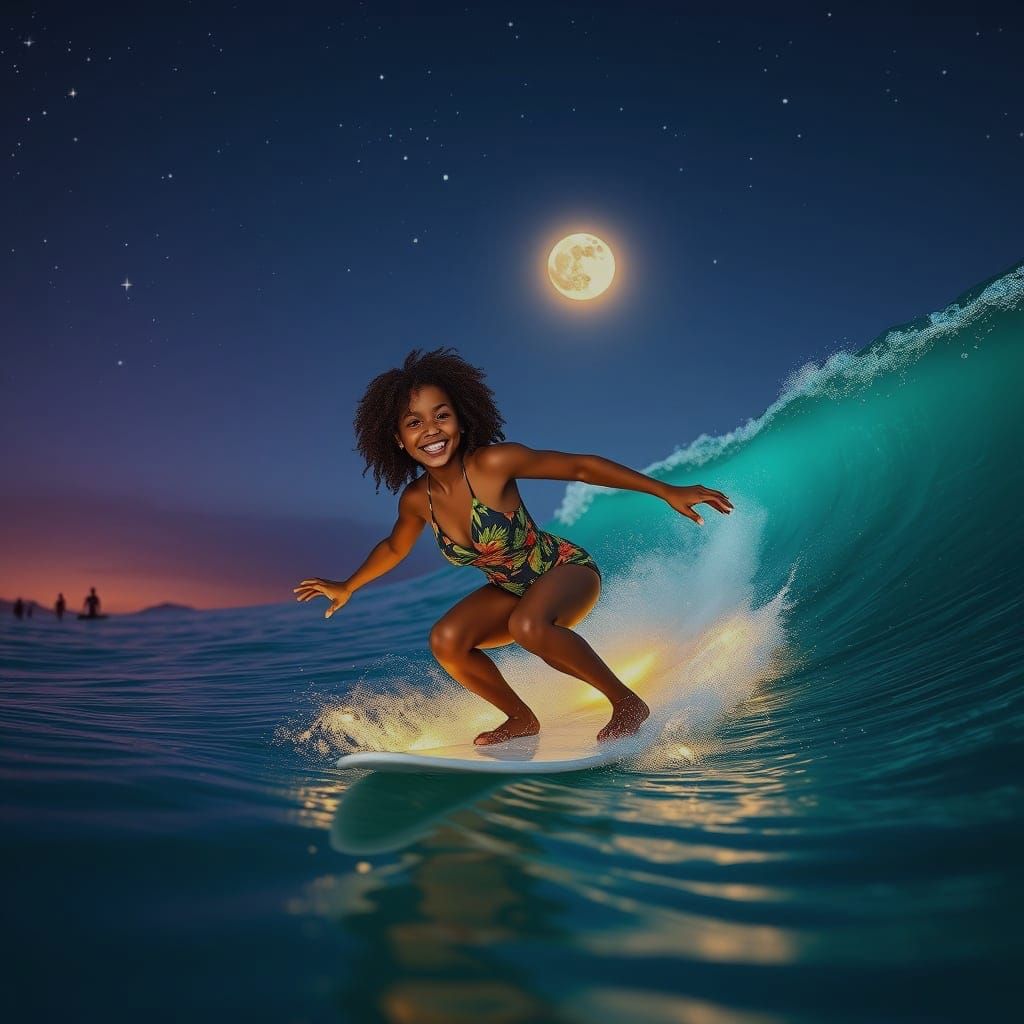 Girl Riding a Glowing Wave under the Starry Night Sky in a V...
