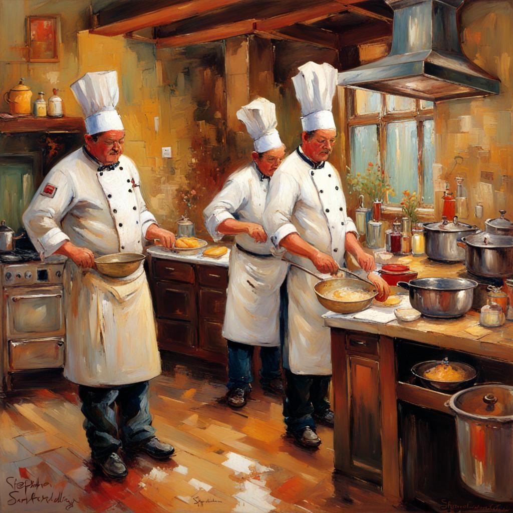 Chefs Cooking in Kitchen: Figurative Painting
