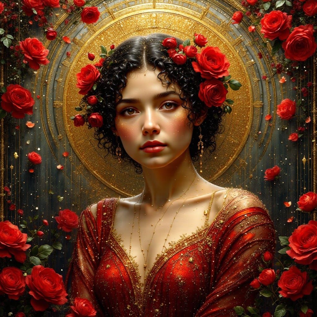 Woman in Red Dress with Roses, Art Deco Style