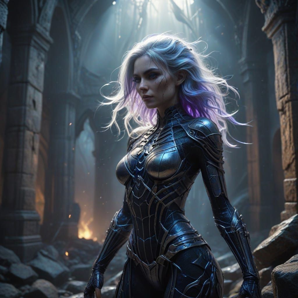 Dark Fantasy Spider Goddess with Sword and Silver Hair