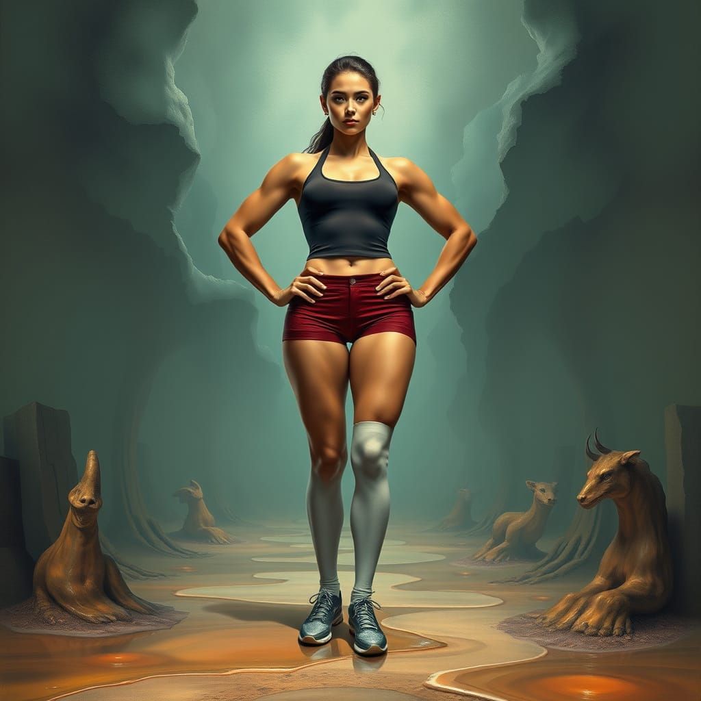 Chiseled Woman in Surrealist Landscape