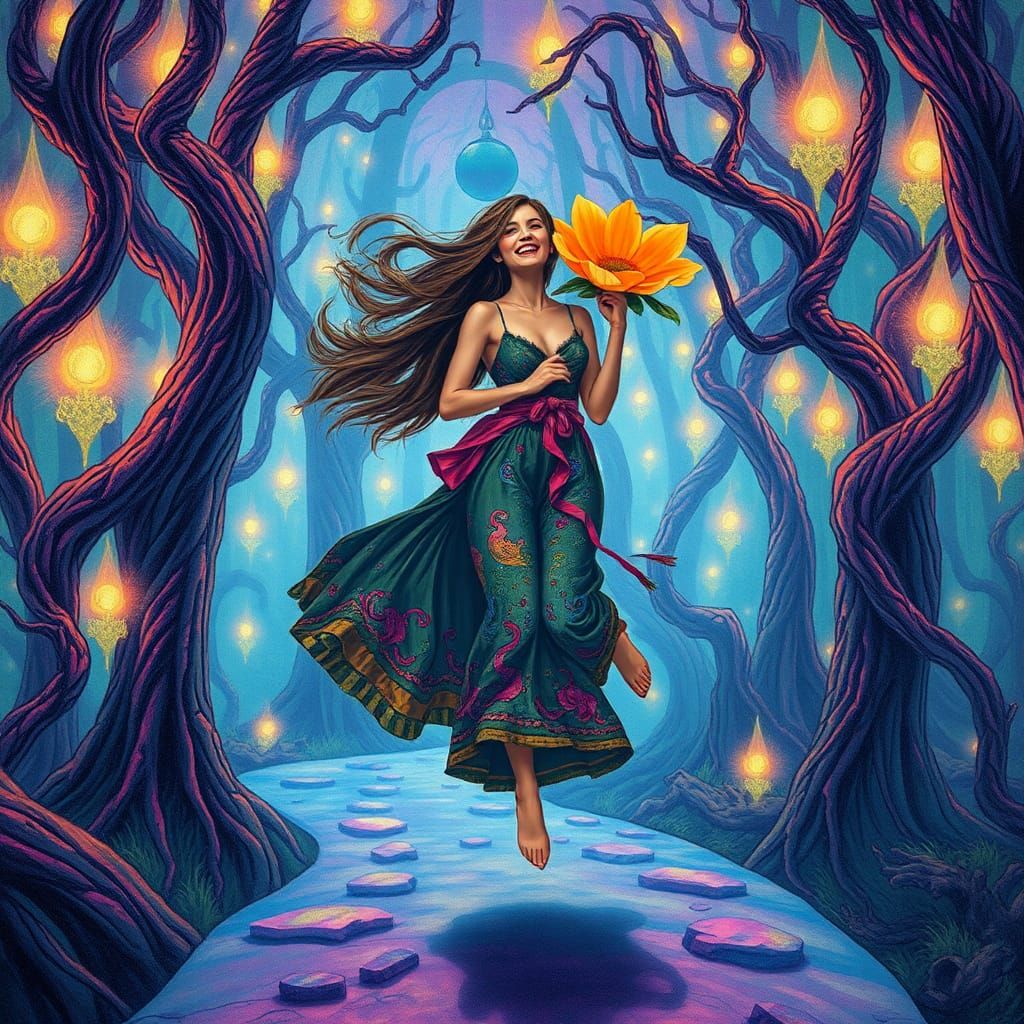 Woman Laughing in Surreal Glass Forest, Mystical Art