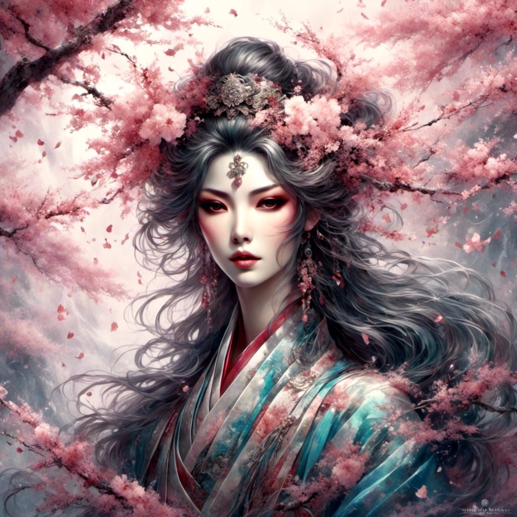 Ice Geisha with Cherry Blossoms in Dreamy Style