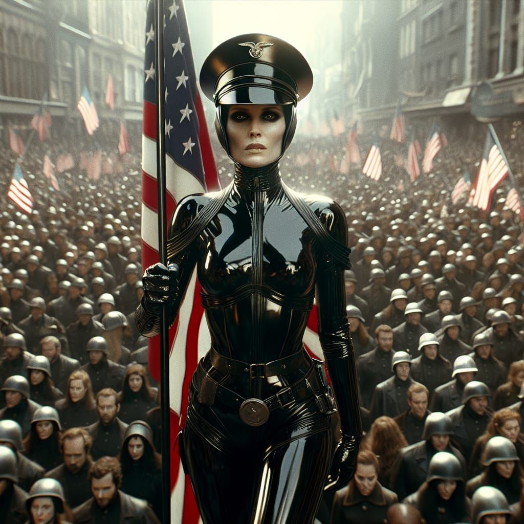 Powerful Woman Marches with US Flag: Matte Painting