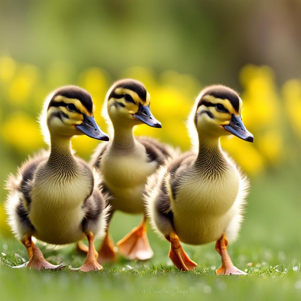 Three Cute Baby Ducks Running Together