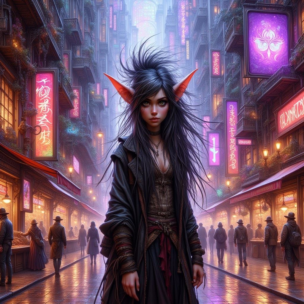 Drow Elf Rogue in Cyberpunk Cityscape