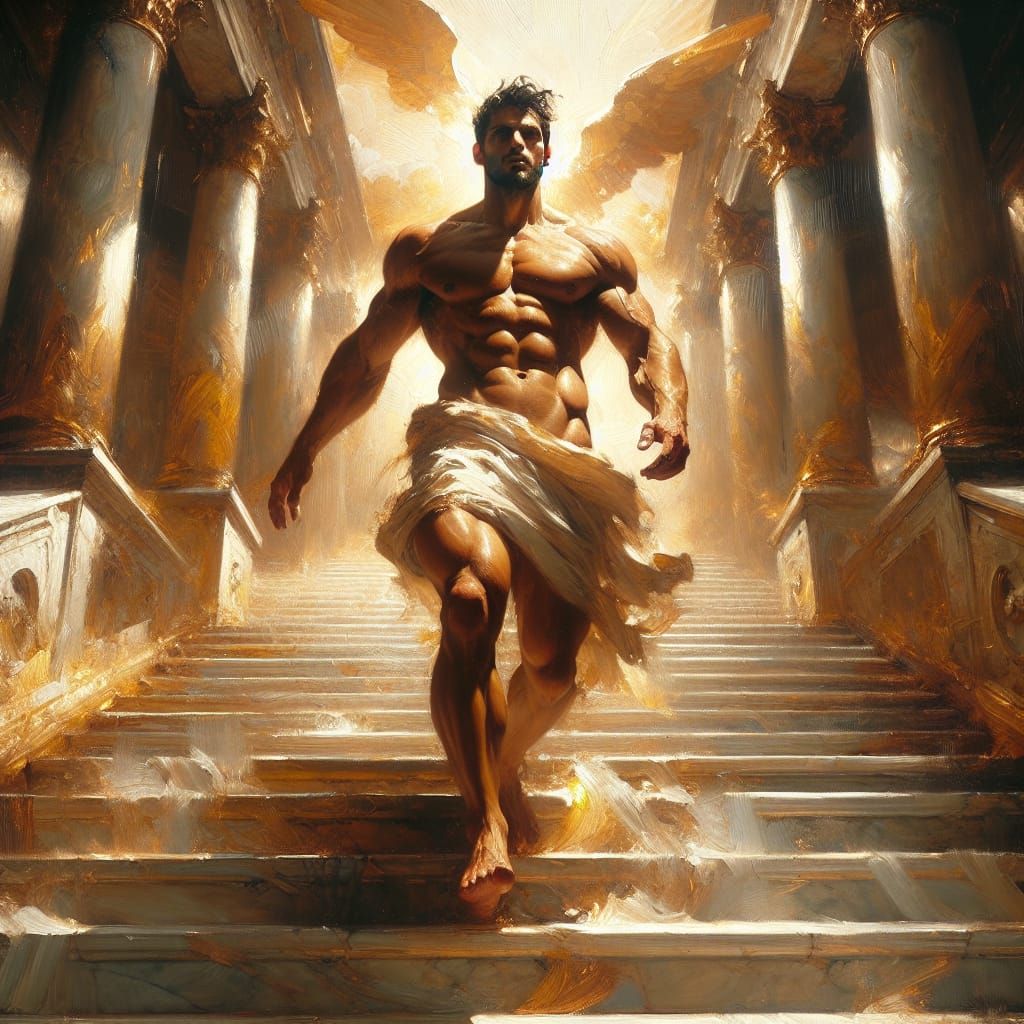 Epic Hero Descends Marble Stairs in Golden Glory