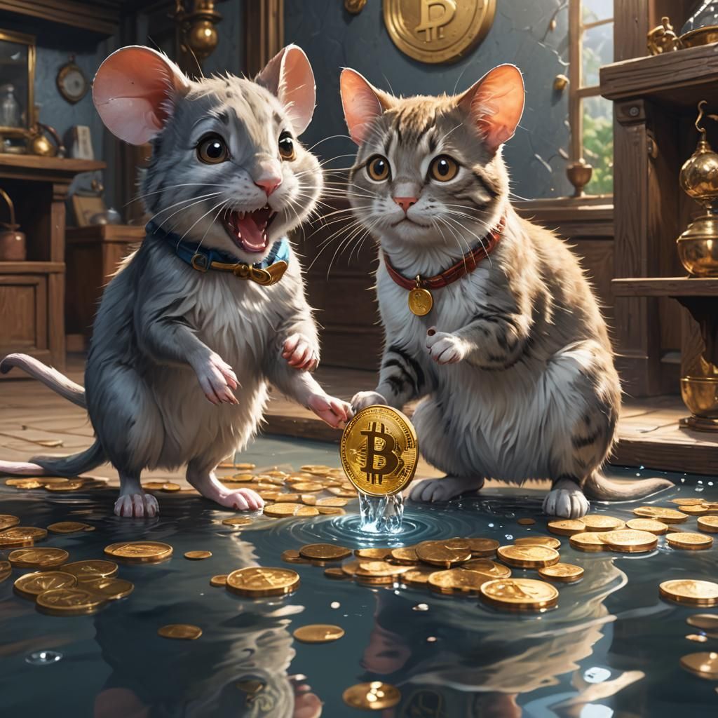 Happy Mouse Gives Bitcoin to Cat: 3D Anime Art