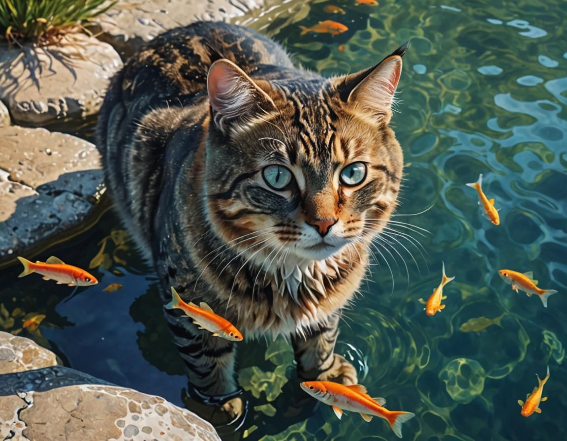 Cat Watching Fish in Clear Water, Digital Portrait