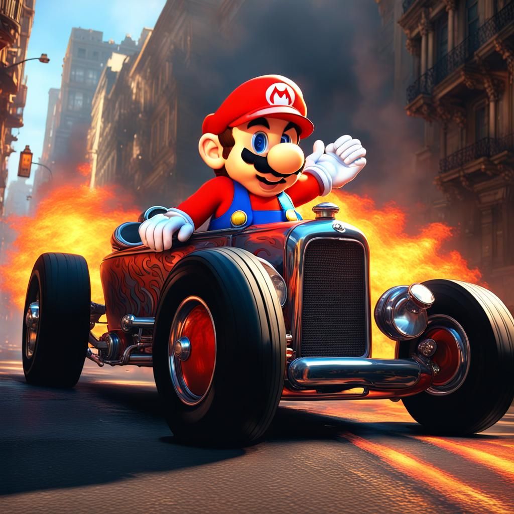 Mario on a Hot Rod in City Street