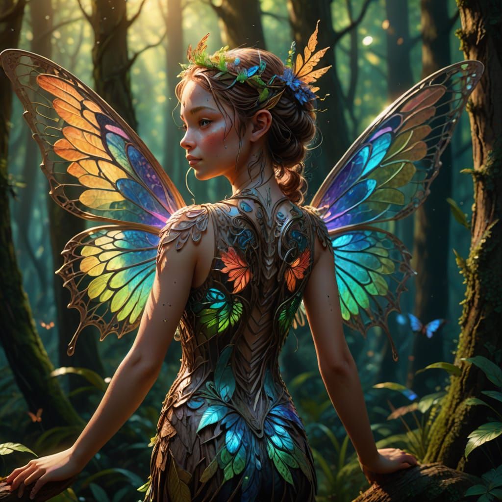 Wood Nymph with Iridescent Wings: Hyperrealistic Concept Art