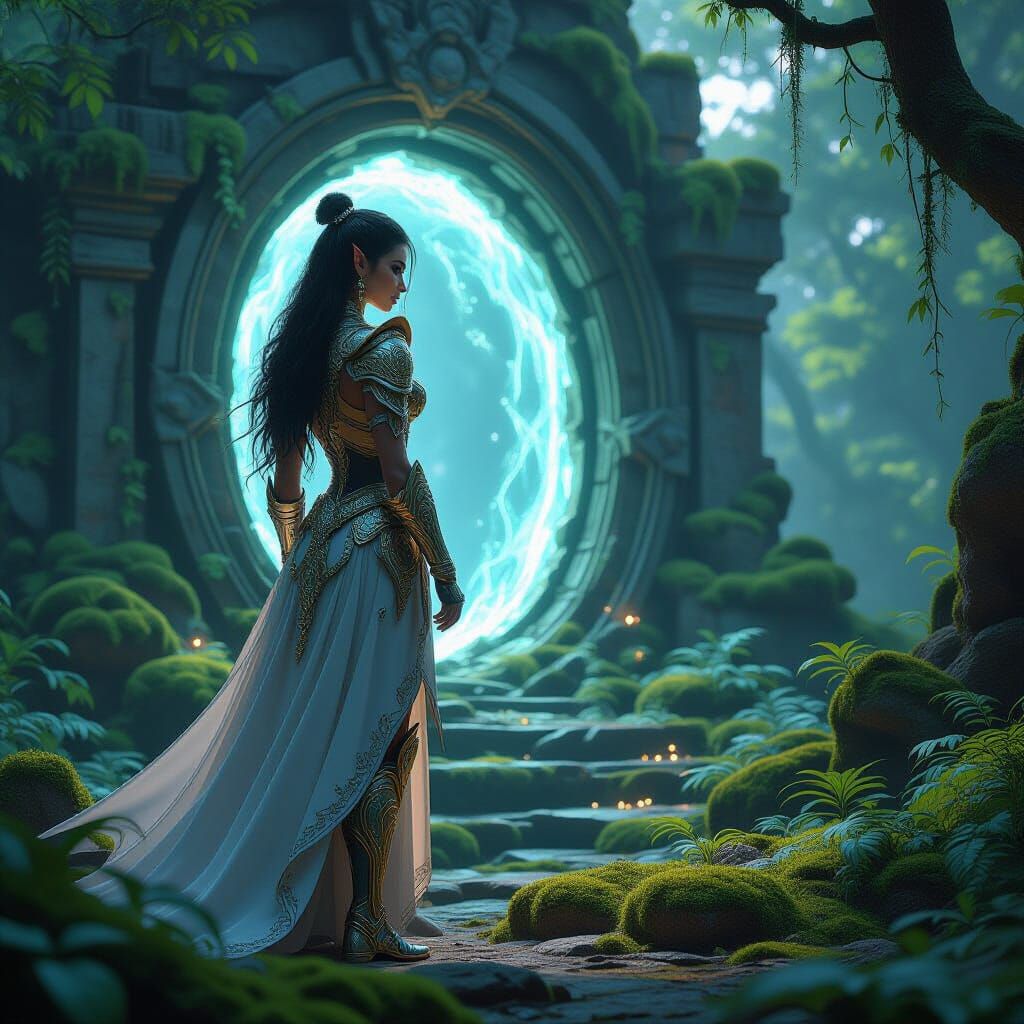 Elven Warrior Gazes at Portal: Anime Style