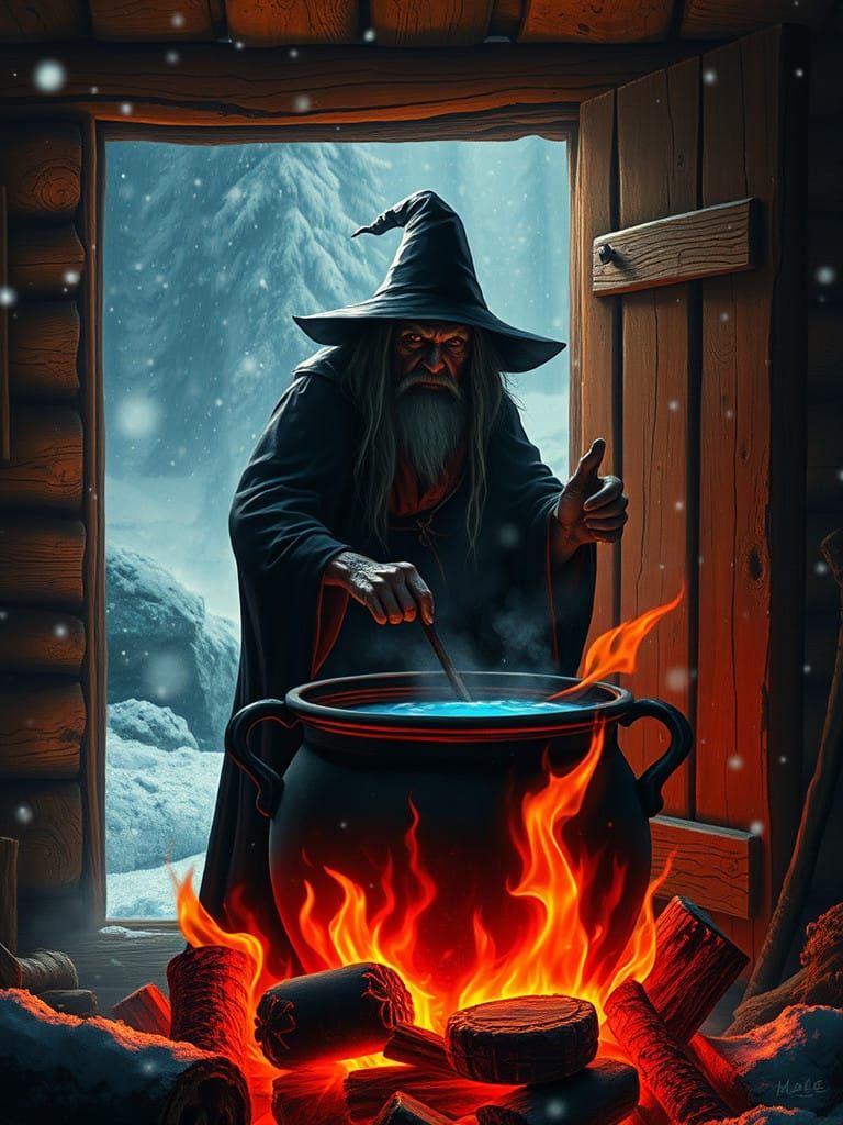 Enigmatic Witch Brews Magic in Flickering Flames