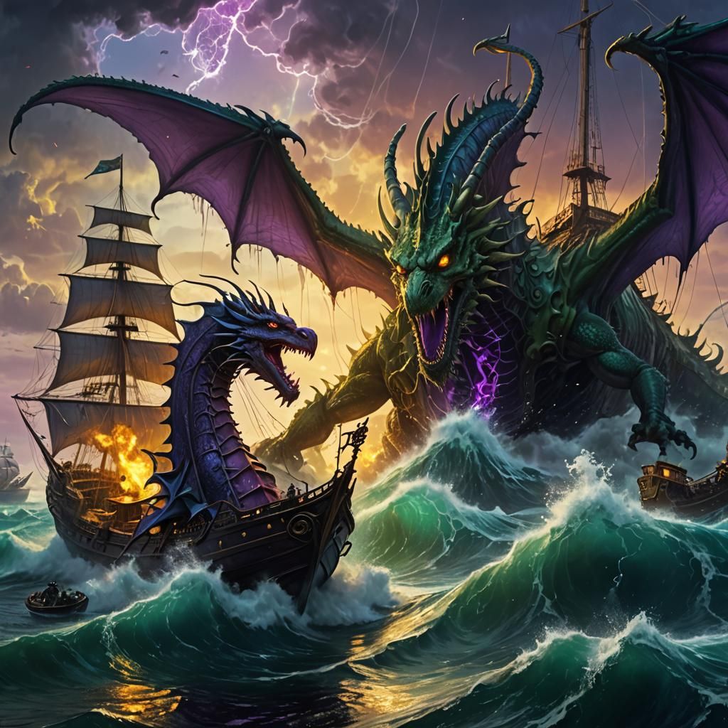 Sea Dragon vs Cthulhu: Epic Battle in Oil Painting Style