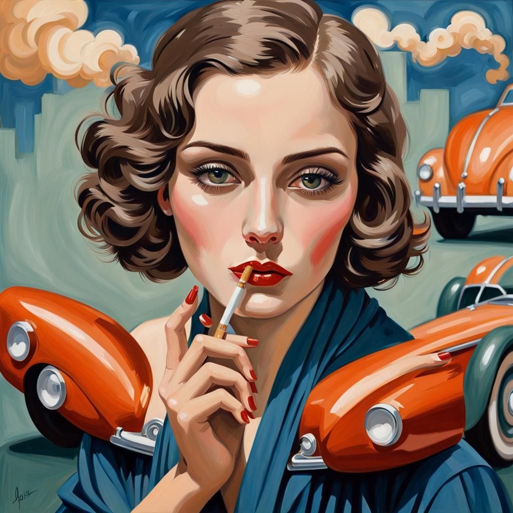 1920s Woman with Cigarette in Gouache Style