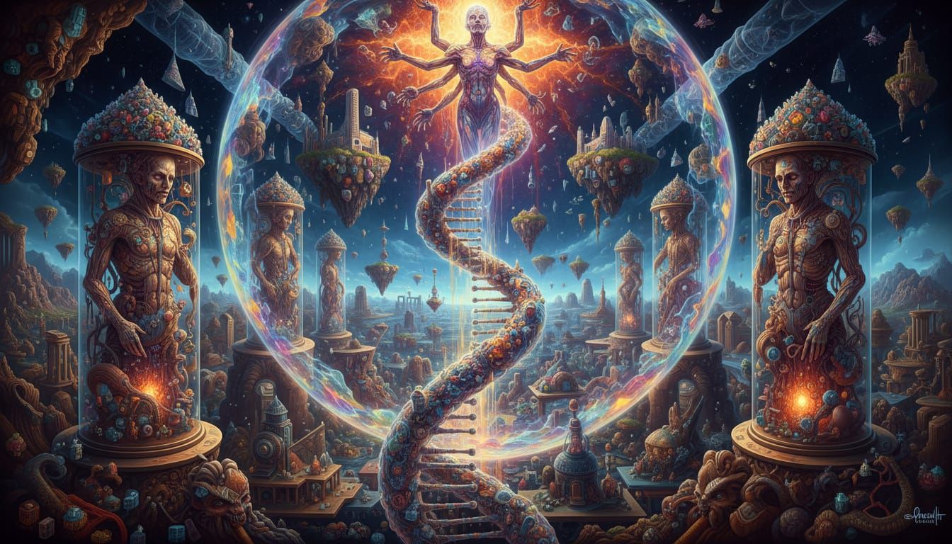 Quantum AI Cryptids in Surreal Bosch-Inspired Landscape