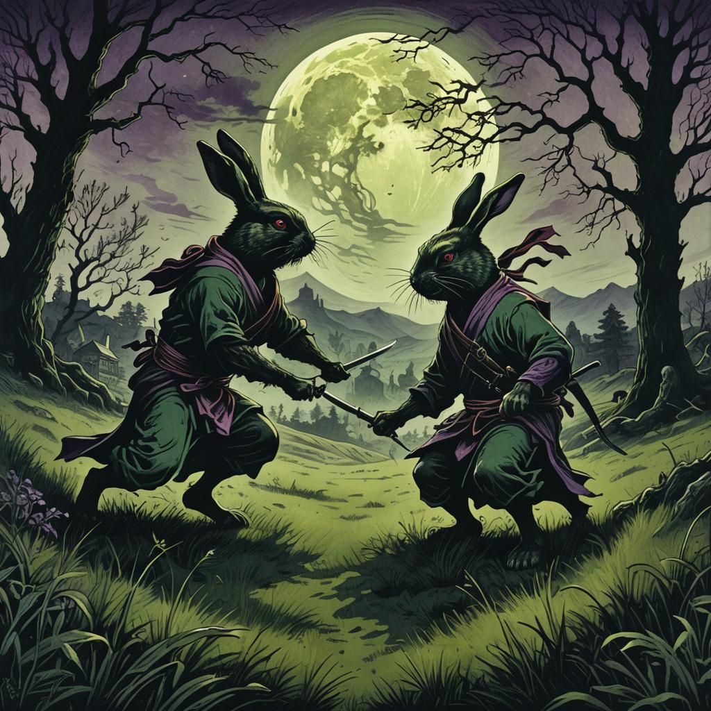 Ninja Rabbits Duel Under Moonlight: Dark Fantasy Etching