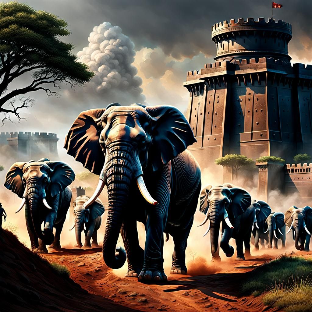 war elephants marching towards a battlefield