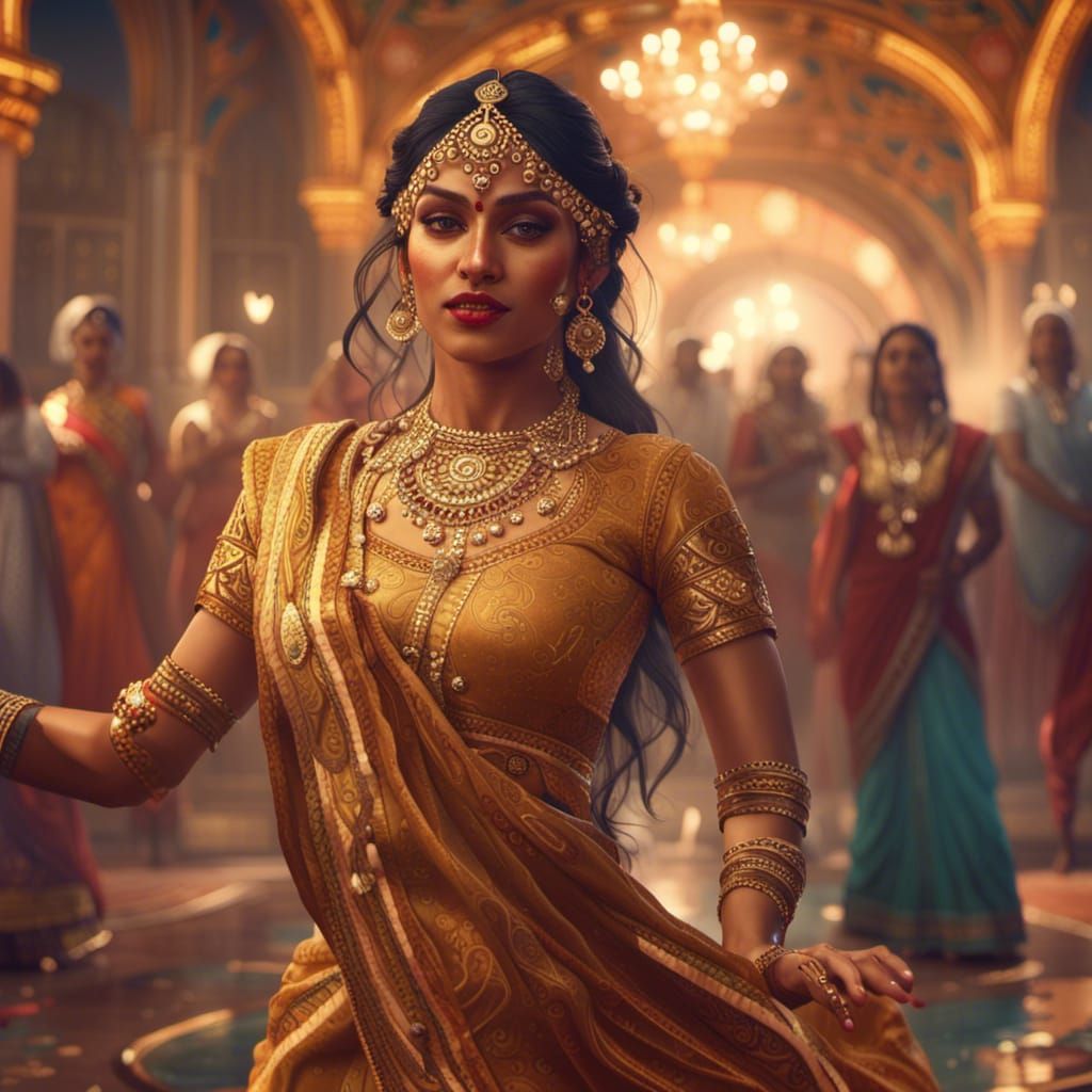 Indian Woman Dancing at Wedding in Ornate Garb