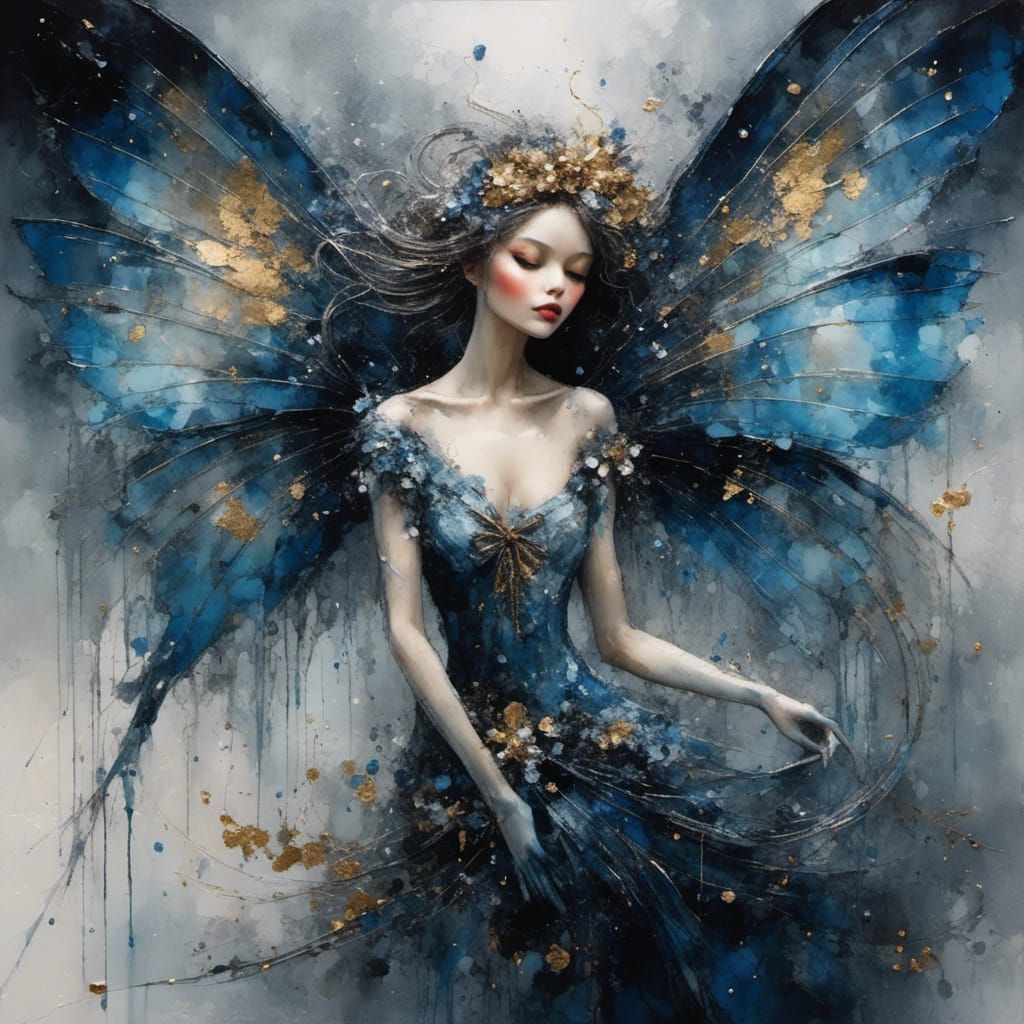 Winged Fairy Dancing in the Night as Oil Painting