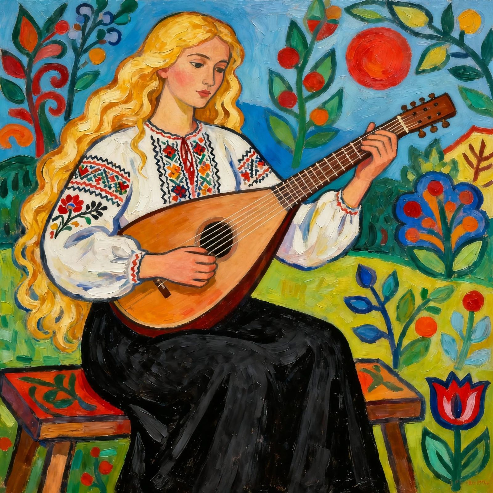 Ukrainian Woman Plays Bandura in Folk Art Style
