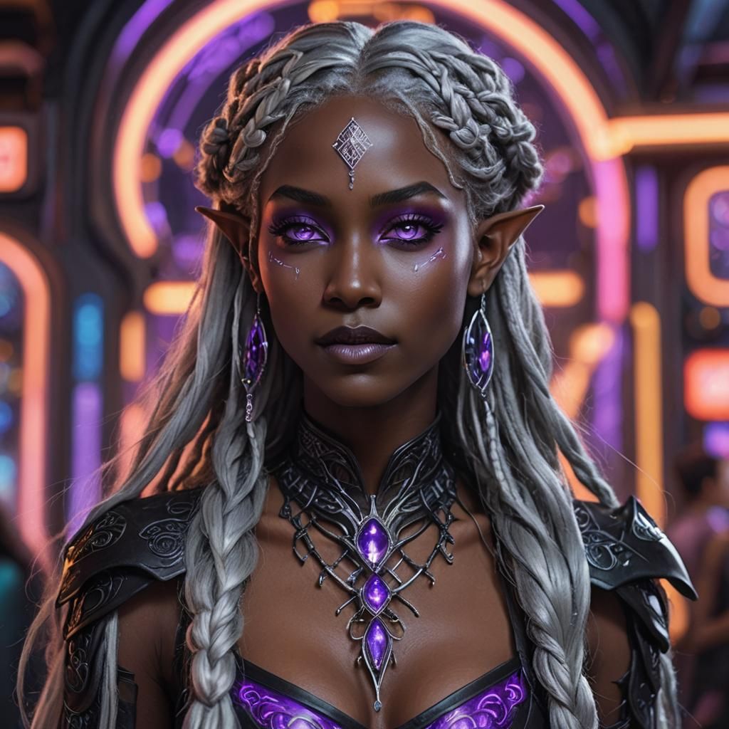 Elegant Black Elven Lady Engineer in Neon Light