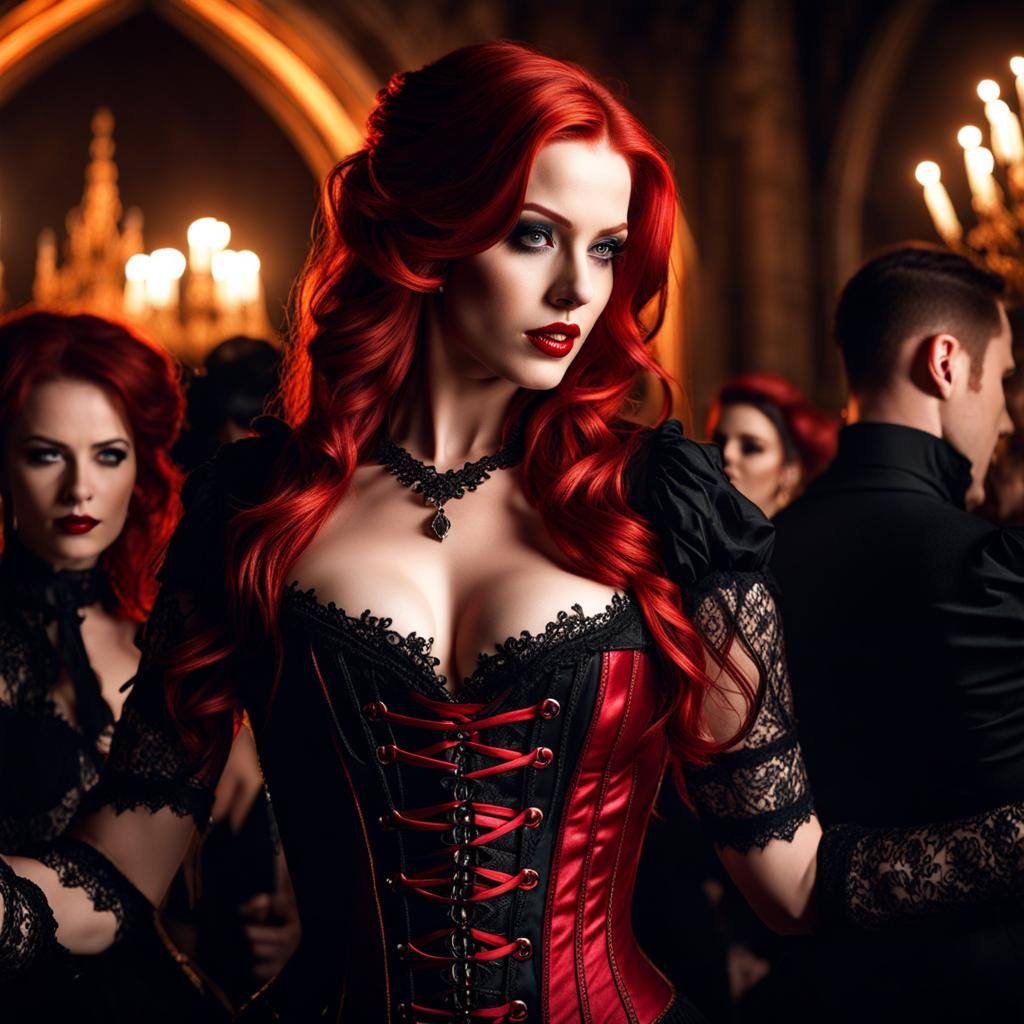 Redhead Vampire at Gothic Castle Party