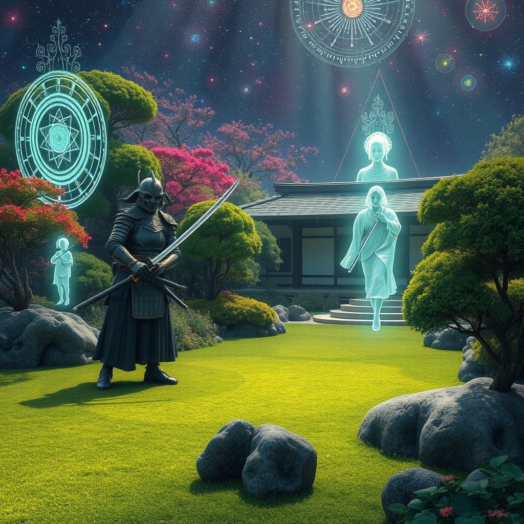 Samurai in Futuristic Armor Practice in Japanese Garden